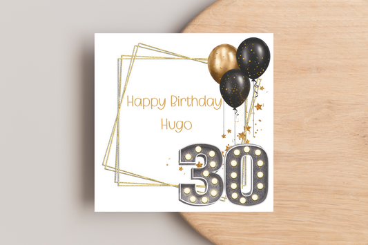 Personalised Black and Gold  30th Birthday Card