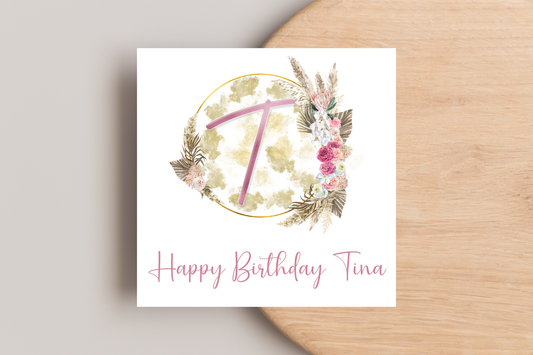 Personalised Gold and Pink Floral Wreath Birthday Card