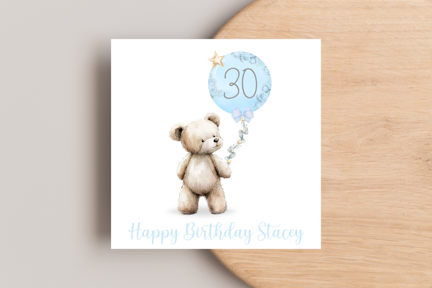 Personalised Bear with Pink Balloon 30th Birthday Card