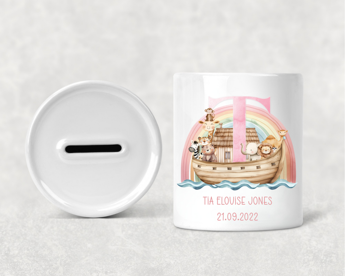 Personalised Pink Noahs Ark Money Box