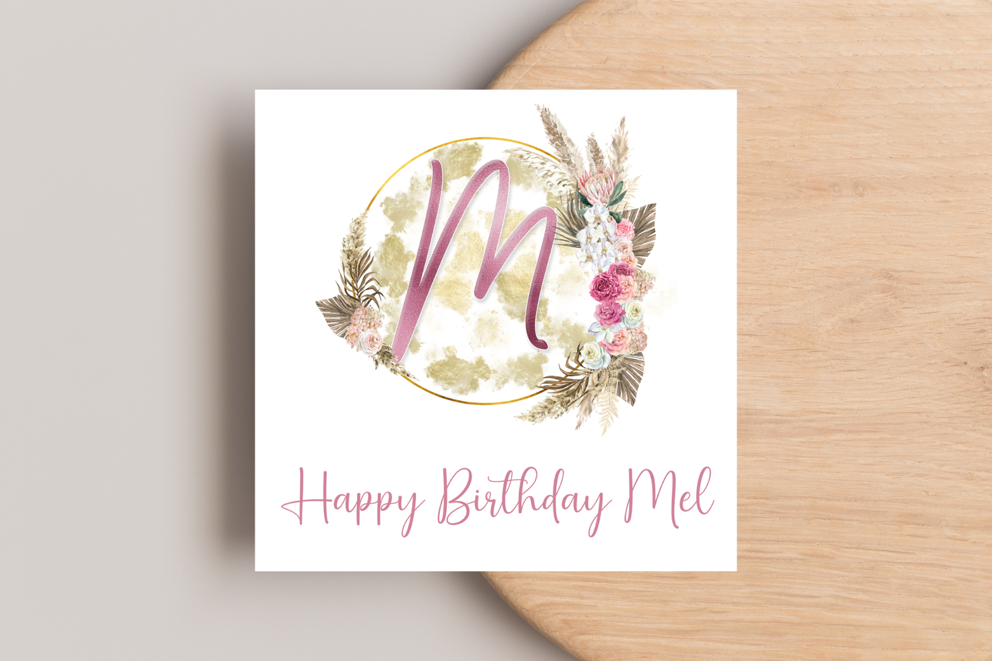 Personalised Gold and Pink Floral Wreath Birthday Card