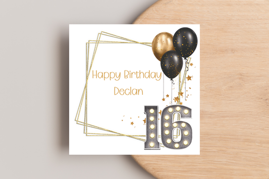 Personalised Black and Gold 16th Birthday Card