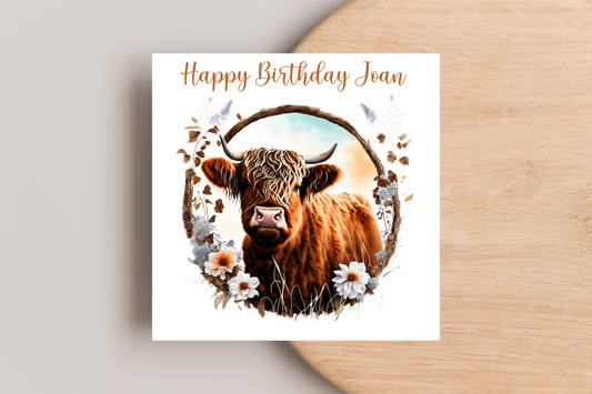 Personalised Highland Cow Floral Birthday Card