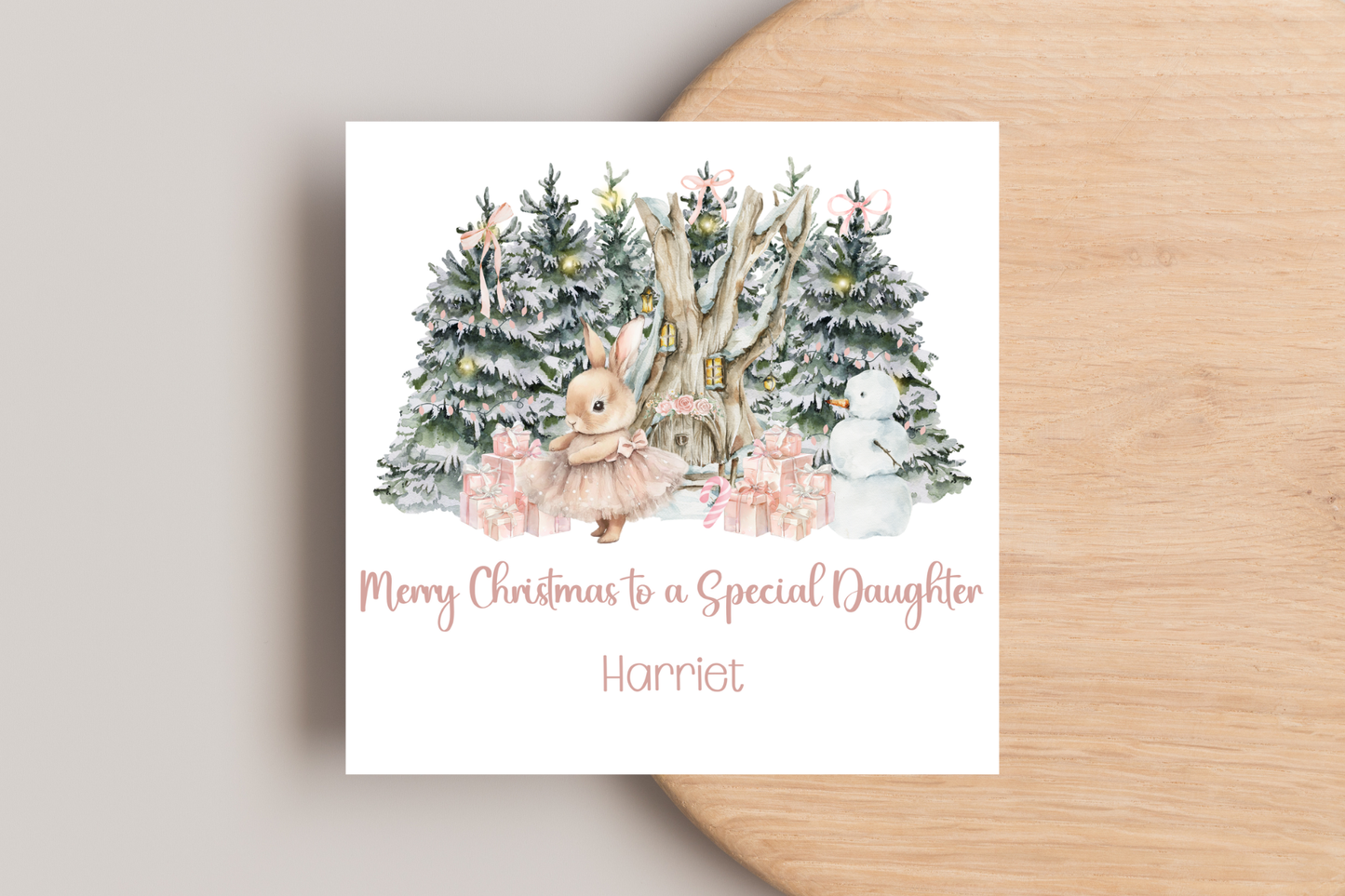 Personalised Pink Bunny Christmas Scene Christmas Card