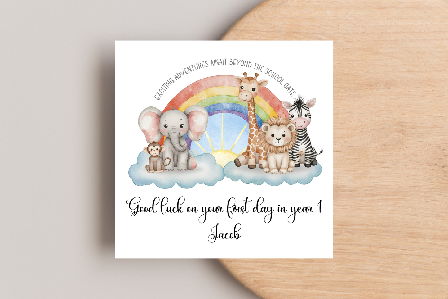 Personalised Animal Rainbow First Day of School Card