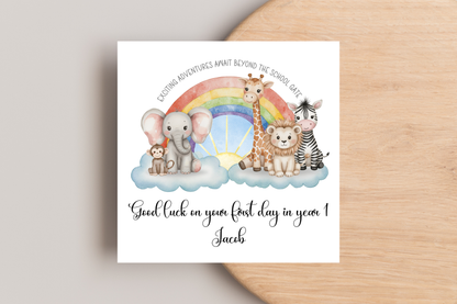 Personalised Animal Rainbow First Day of School Card