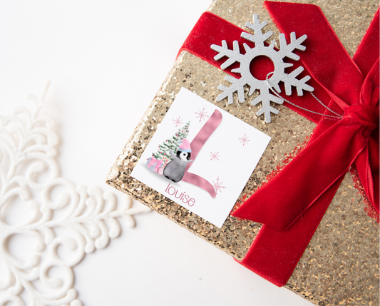 Personalised Initial Pink Penguin Christmas Present Labels