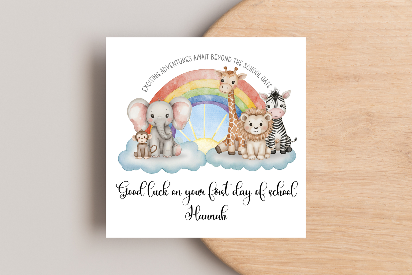 Personalised Animal Rainbow First Day of School Card