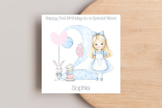 Personalised Alice and White Rabbit 2nd Birthday Card