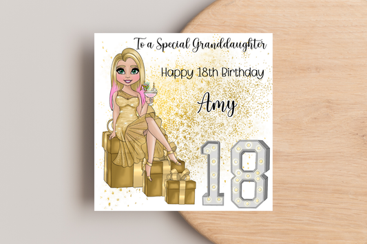 18th Birthday Card Personalised- Lady in Gold Dress Sitting on Glittering Presents