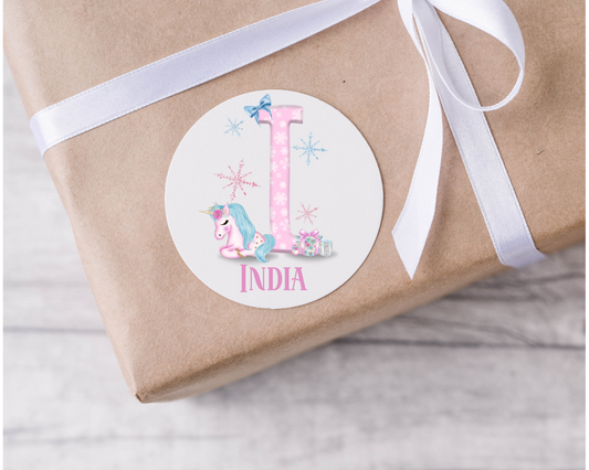 Personalised Pink Initial Unicorn Christmas Present Labels