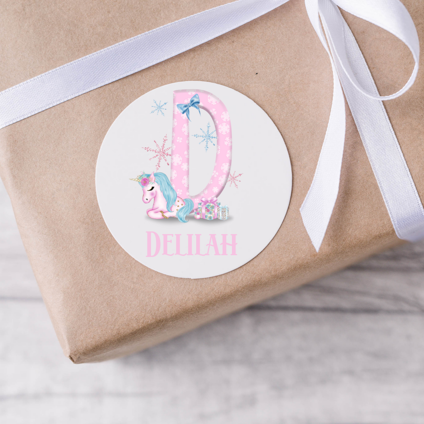 Personalised Pink Initial Unicorn Christmas Present Labels