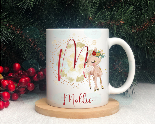 Personalised Cute Reindeer Initial Mug