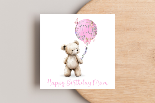 Personalised Bear with Pink Balloon 100th Birthday Card