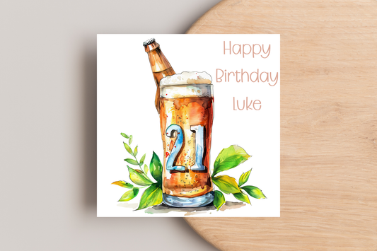 Personalised 21st Birthday Card with Beer Bottle & Pint Glass Design