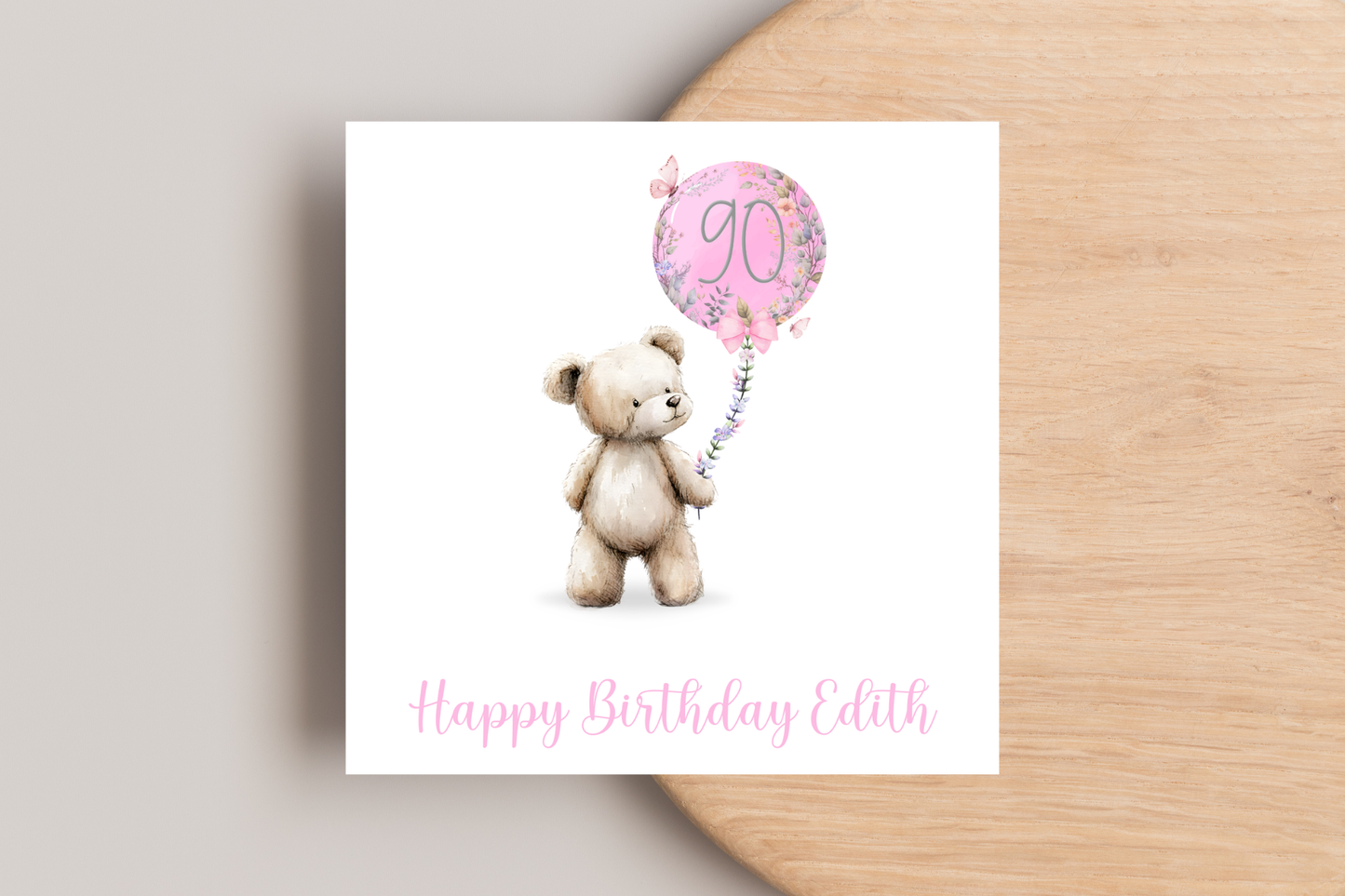 Personalised Bear with Pink Balloon 90th Birthday Card