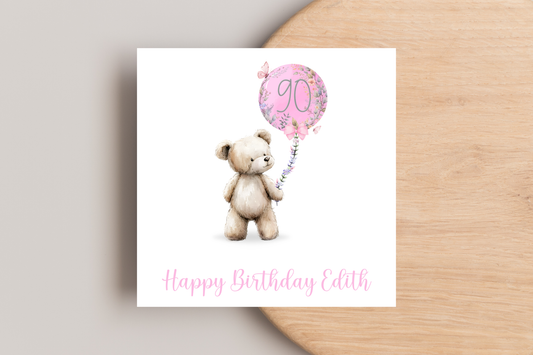 Personalised Bear with Pink Balloon 90th Birthday Card