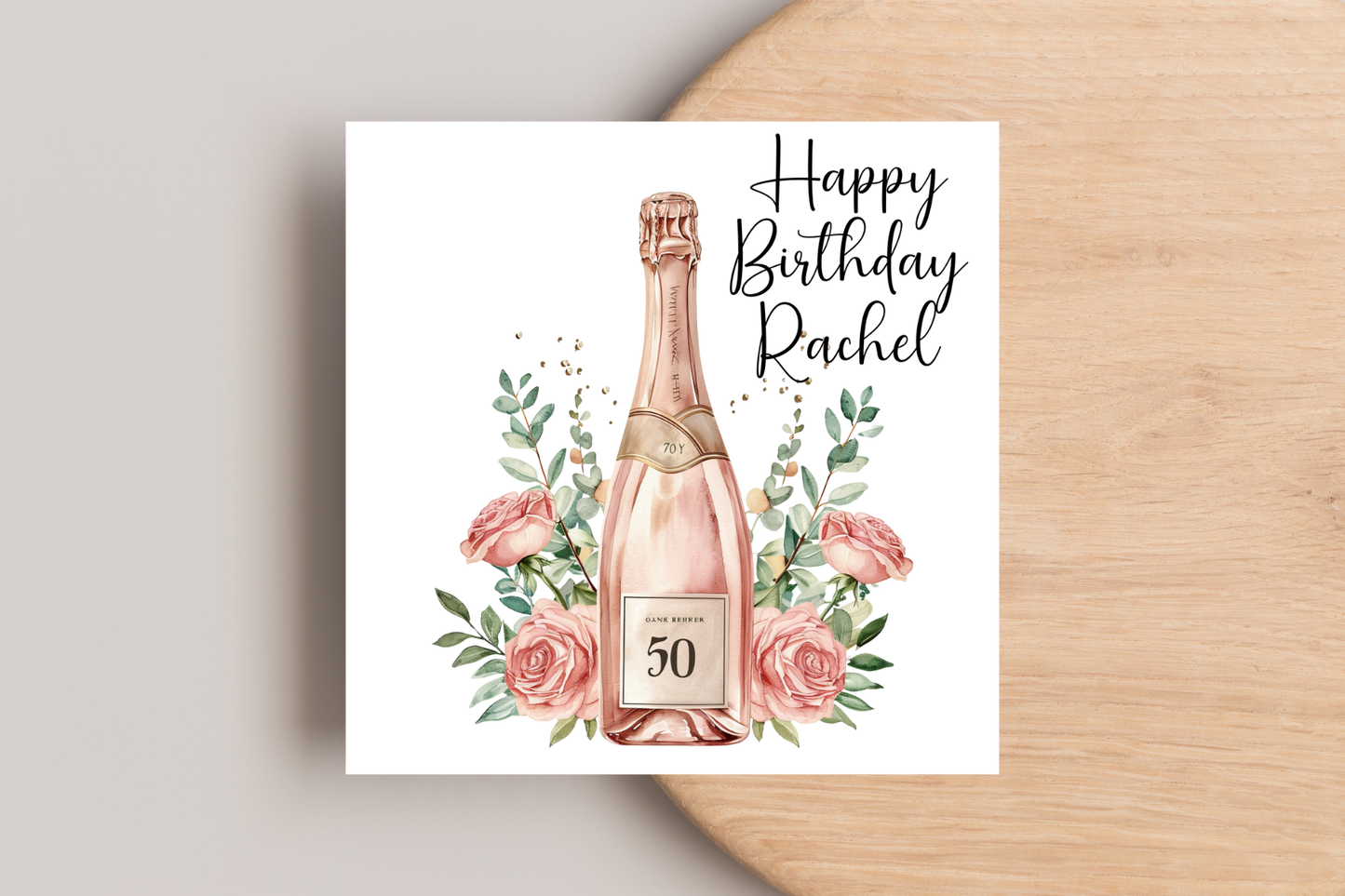 Personalised 50th Birthday Card - Rose Gold Champagne Bottle and Flowers
