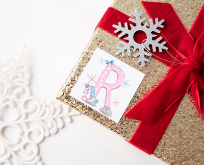 Pink Initial Unicorn Christmas Present Labels