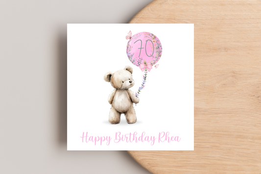 Personalised Bear with Pink Balloon 70th Birthday Card