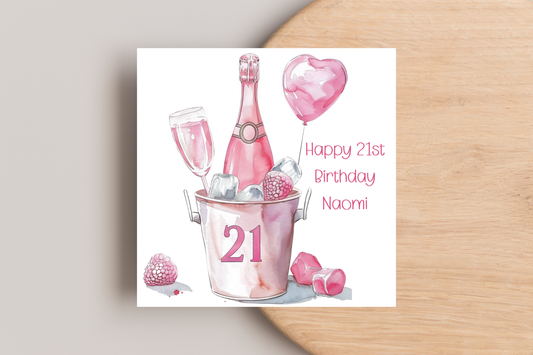 Personalised 21st Birthday Card - Pink Cocktail -  Celebration Greeting