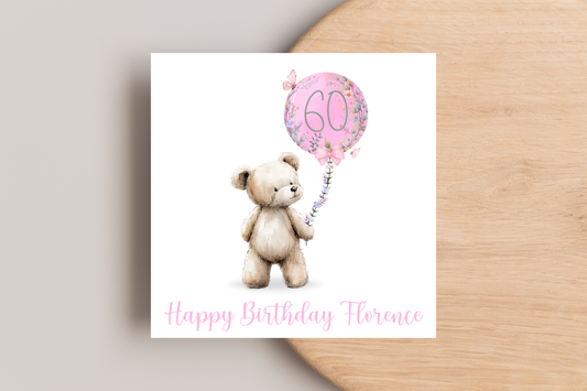 Personalised Bear with Pink Balloon 60th Birthday Card