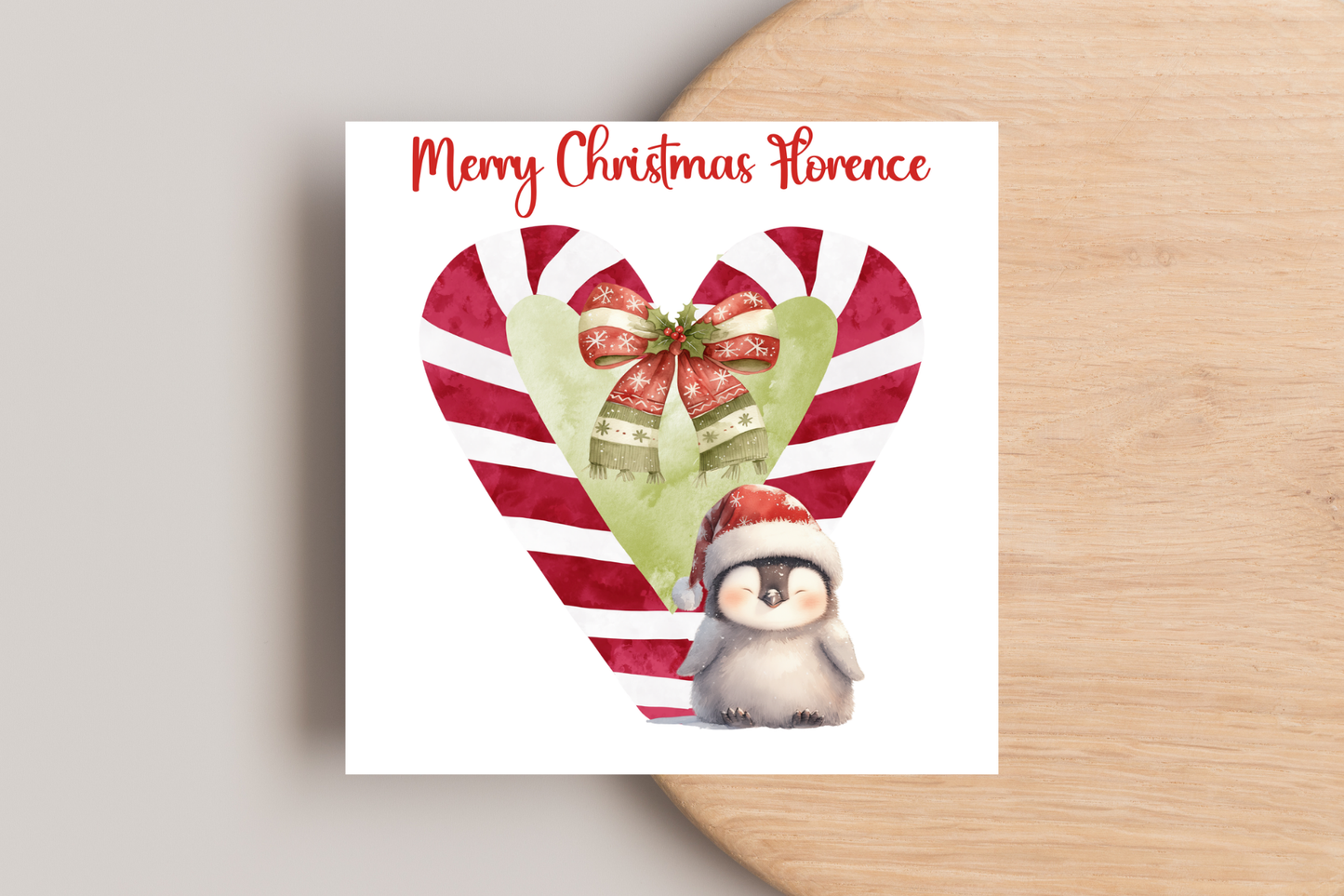 Personalised Candy Cane Heart Penguin Christmas Card