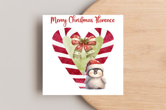 Personalised Candy Cane Heart Penguin Christmas Card