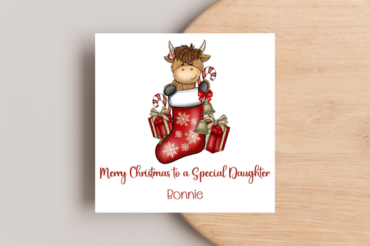 Personalised Highland Cow Stocking Christmas Card