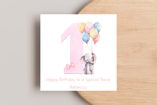Personalised Pink Elephant Birthday Card