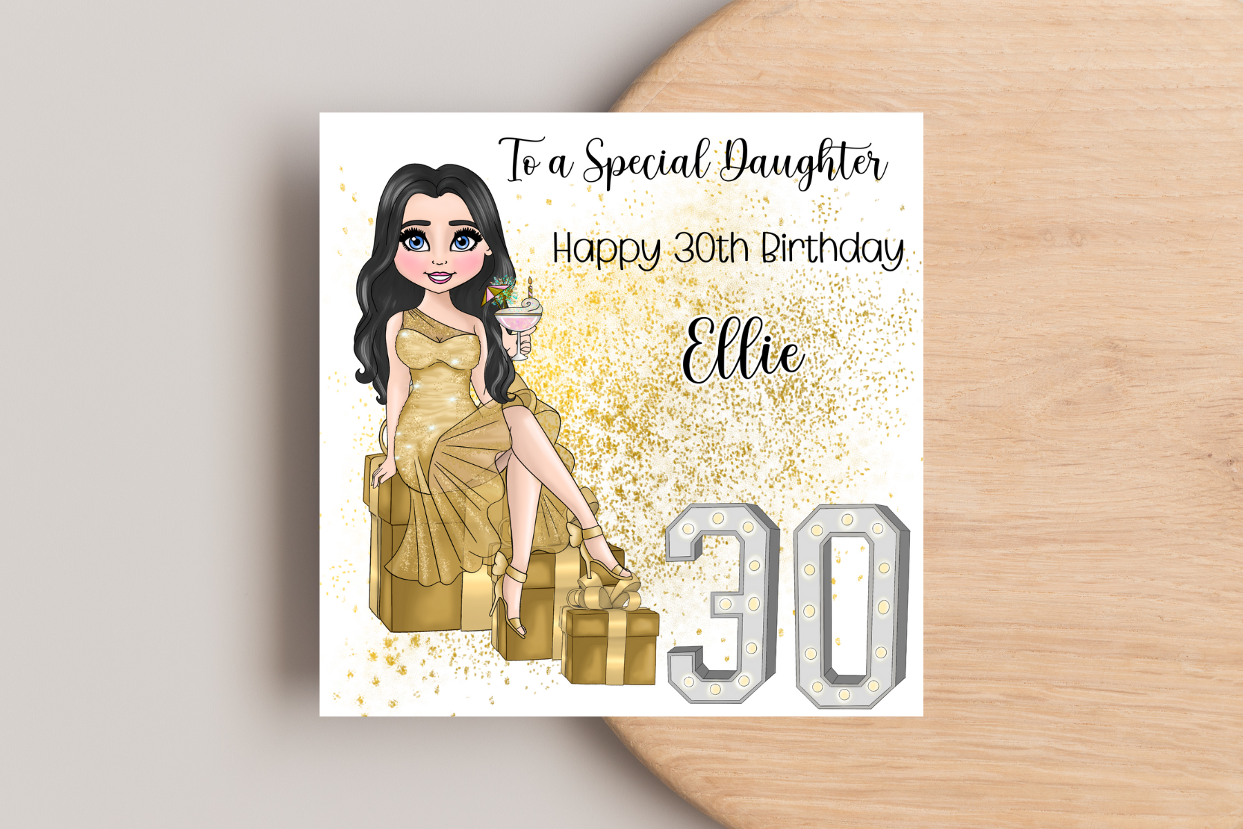 30th Birthday Card Personalised- Lady in Gold Dress Sitting on Glittering Presents