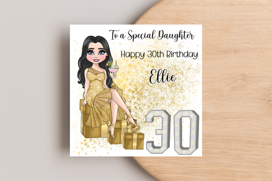 30th Birthday Card Personalised- Lady in Gold Dress Sitting on Glittering Presents