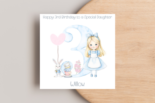 Personalised Alice and White Rabbit 3rd Birthday Card