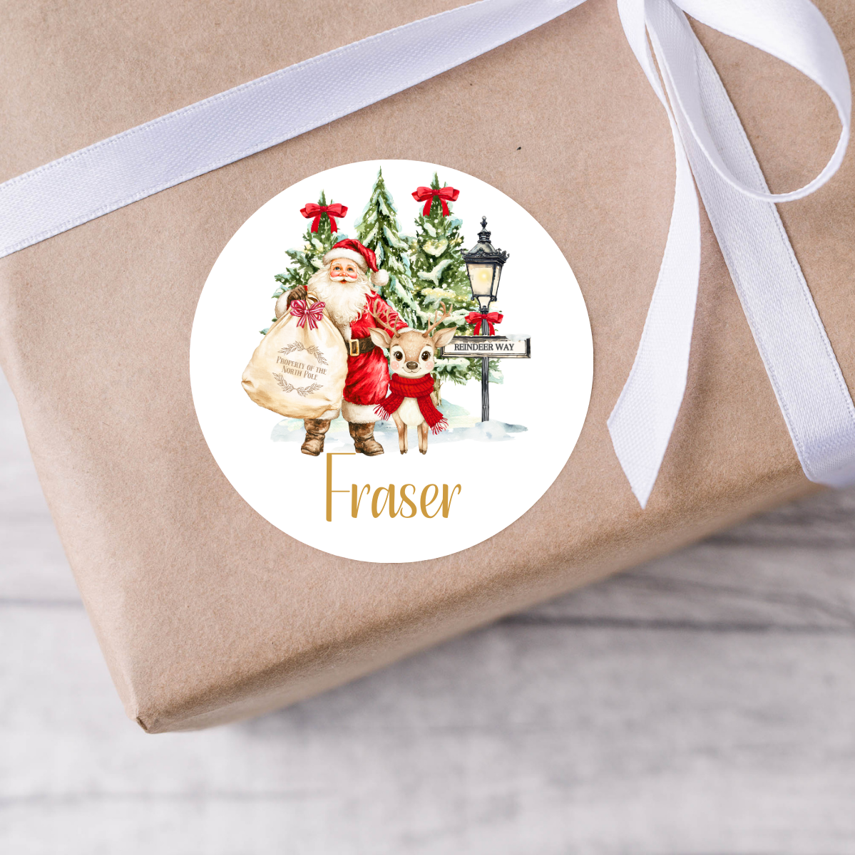 Personalised Santa and reindeer Christmas Present Labels
