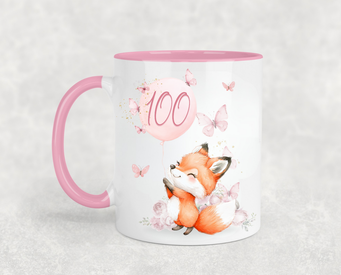 Cute Fox and Butterflies Pink Birthday Mug
