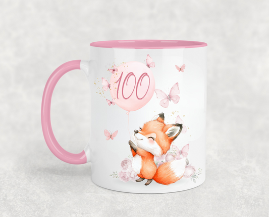 Cute Fox and Butterflies Pink Birthday Mug
