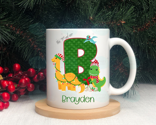 Personalised Dinosaur Initial Christmas Mug
