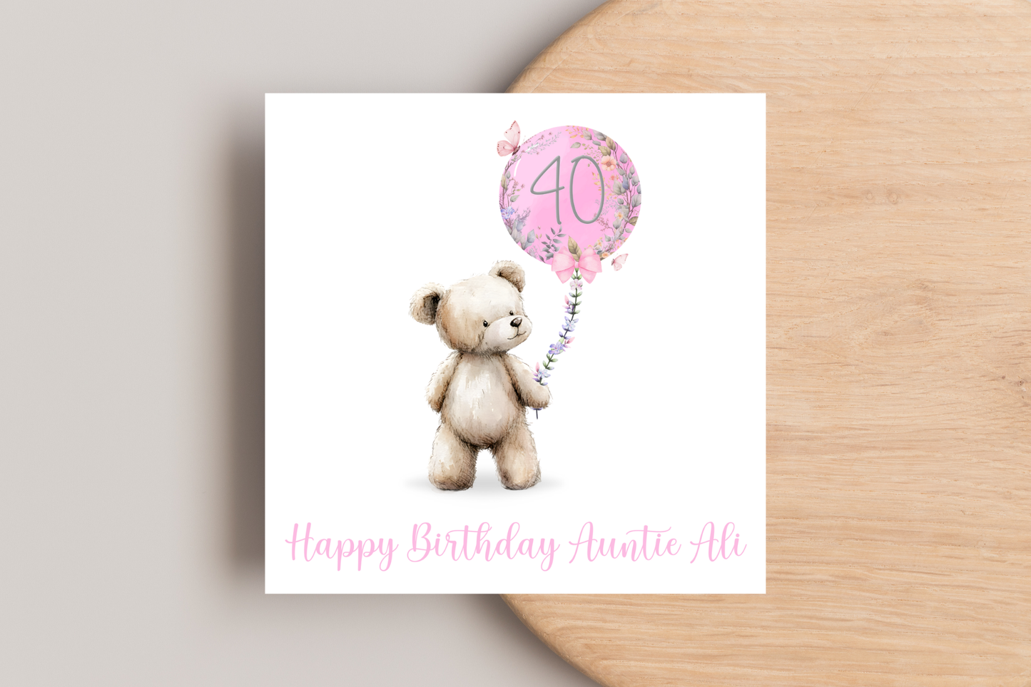 Personalised Bear with Pink Balloon 40th Birthday Card