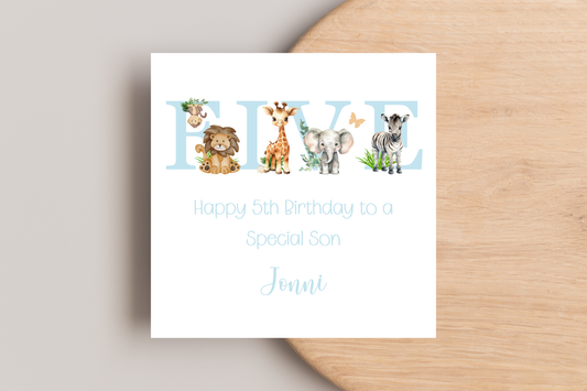 Personalised Jungle Animal Blue Birthday card