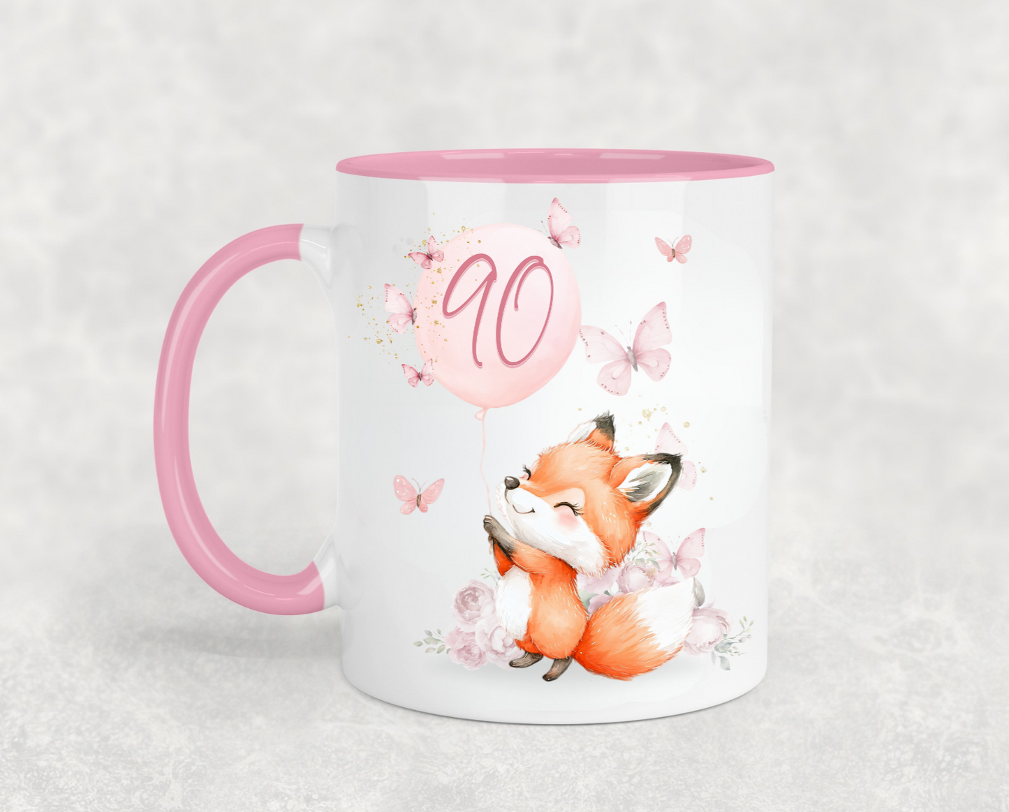 Cute Fox and Butterflies Pink Birthday Mug