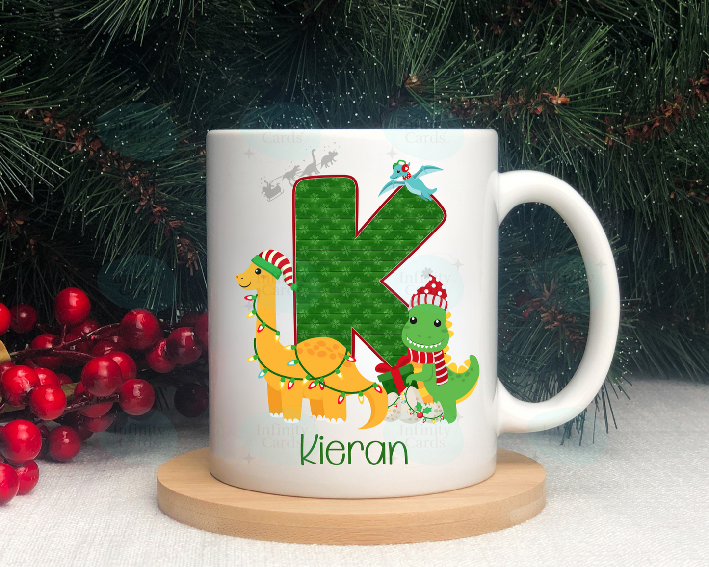 Personalised Dinosaur Initial Christmas Mug