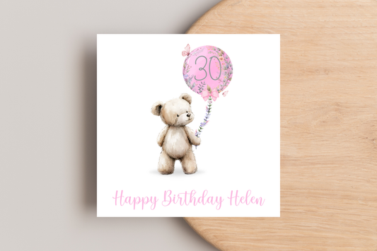 Personalised Bear with Pink Balloon 30th Birthday Card