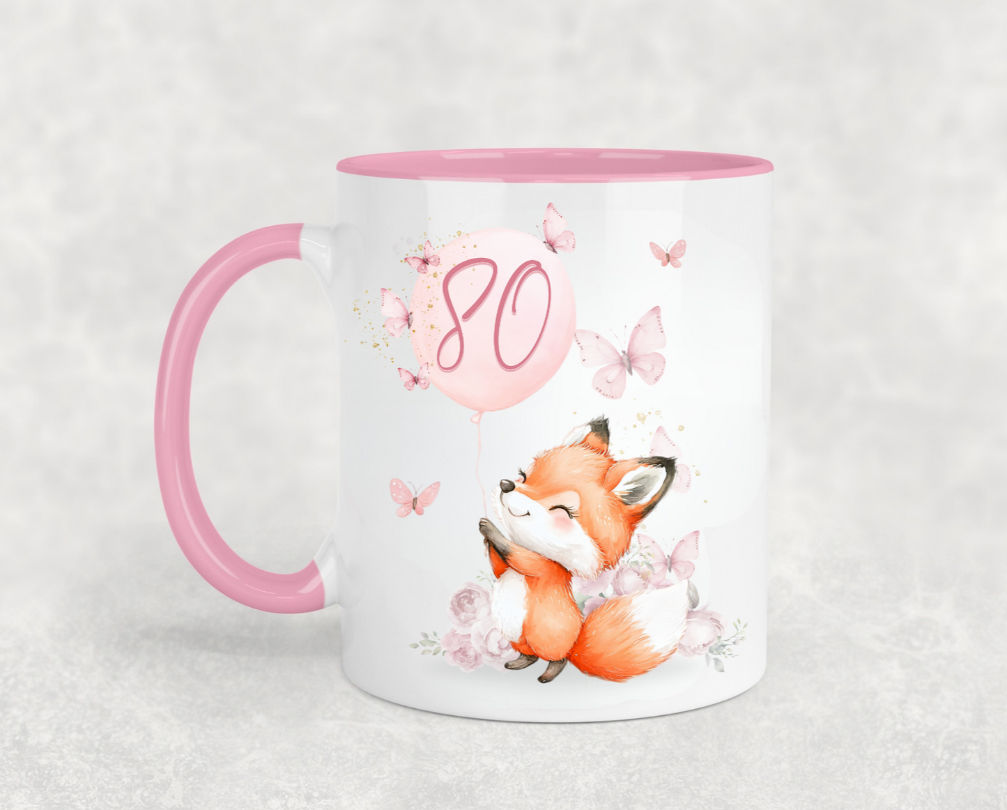 Cute Fox and Butterflies Pink Birthday Mug