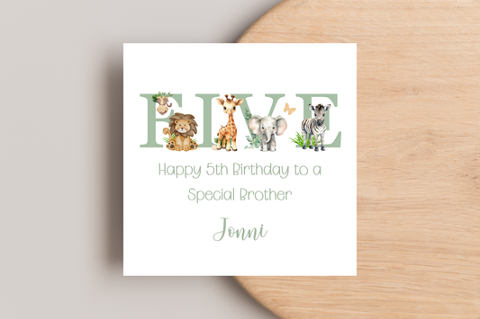 Personalised Jungle Animal Sage Birthday card