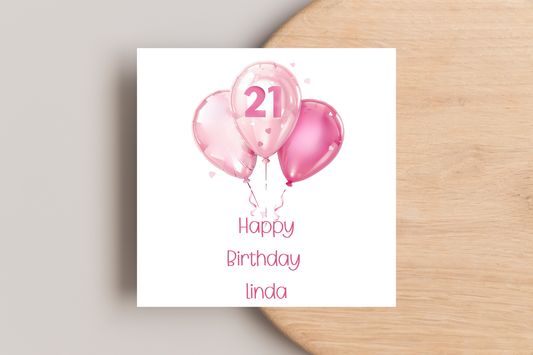 21st Birthday Card - Pink Balloons
