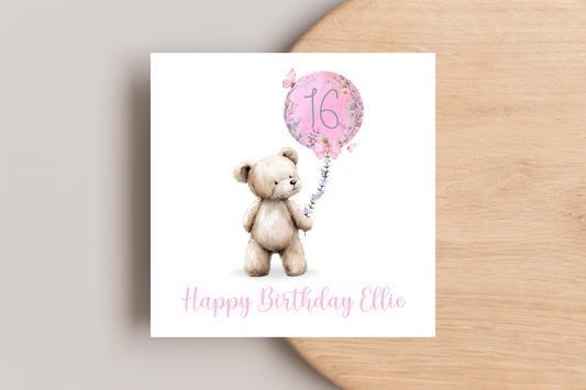 Personalised Bear with Pink Balloon 16th Birthday Card