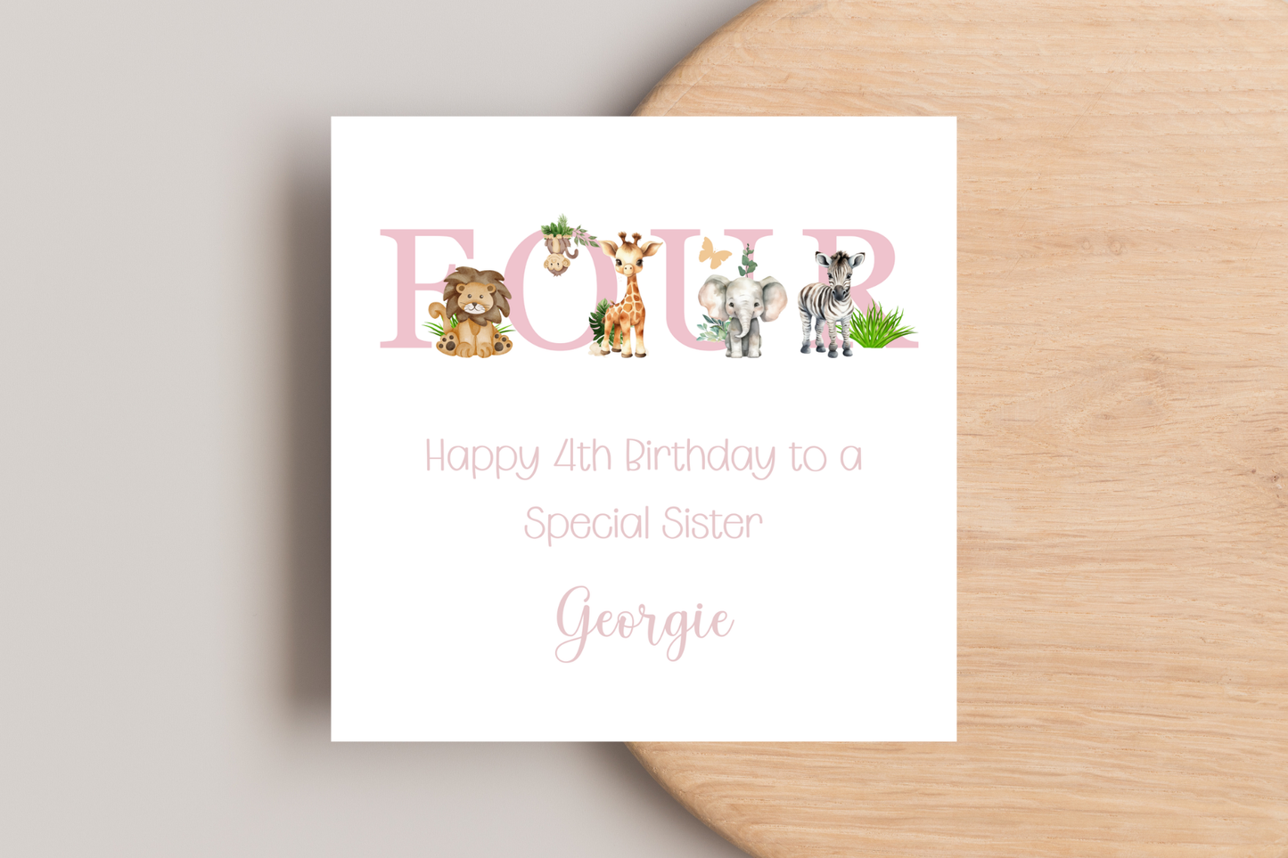 Personalised Jungle Animal Pink Birthday card