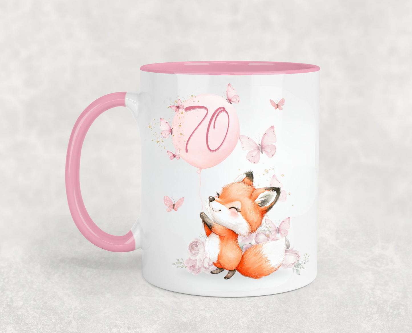 Cute Fox and Butterflies Pink Birthday Mug