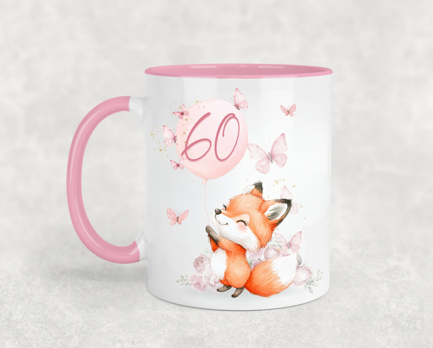 Cute Fox and Butterflies Pink Birthday Mug