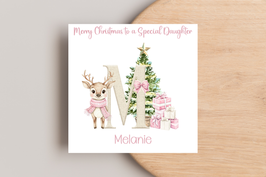 Personalised Reindeer Pink Christmas card